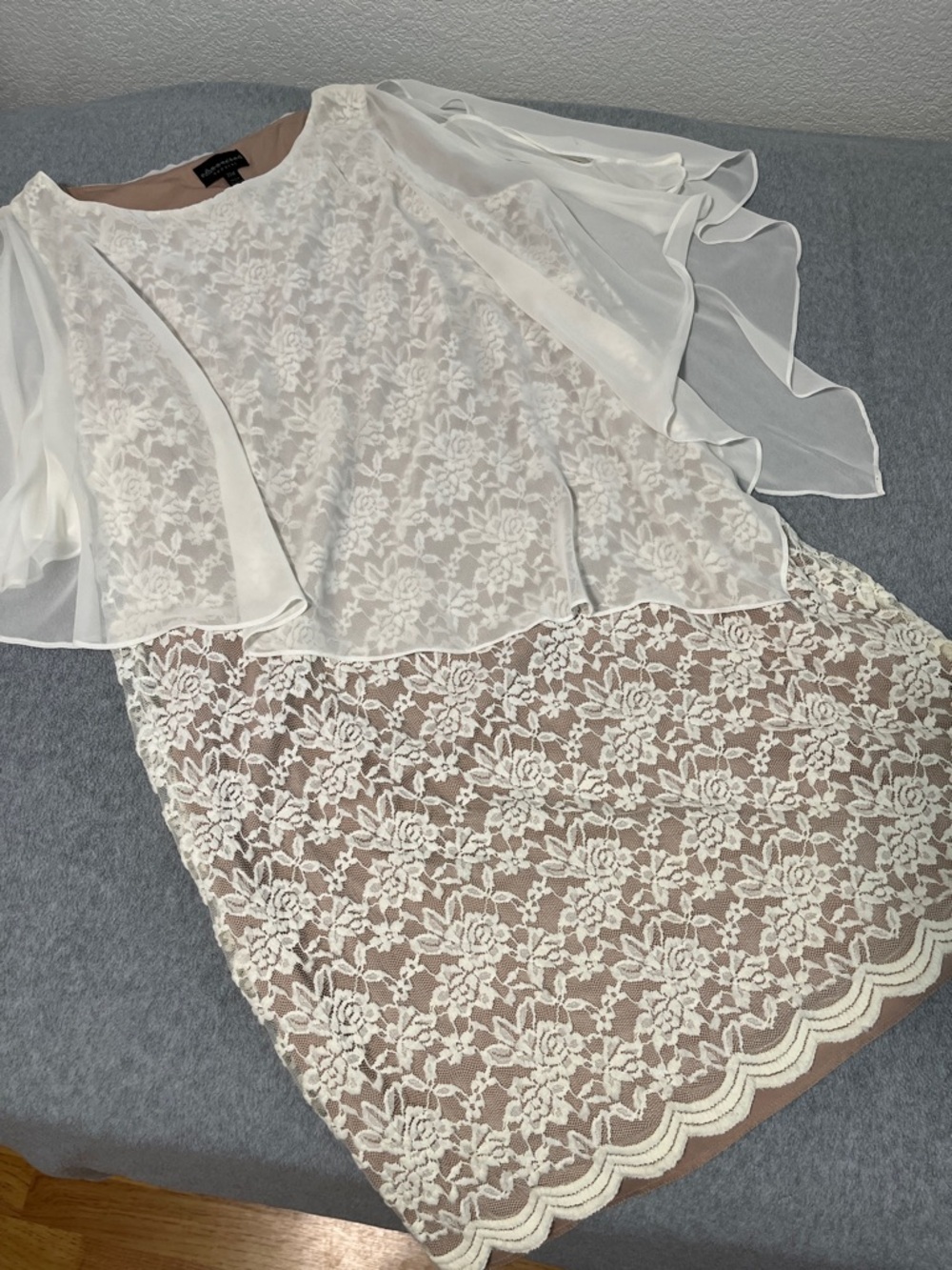 Ivory Lace Overlay Dress with Sheer Cape 20W Mother Bride Cocktail - Picture 2 of 12